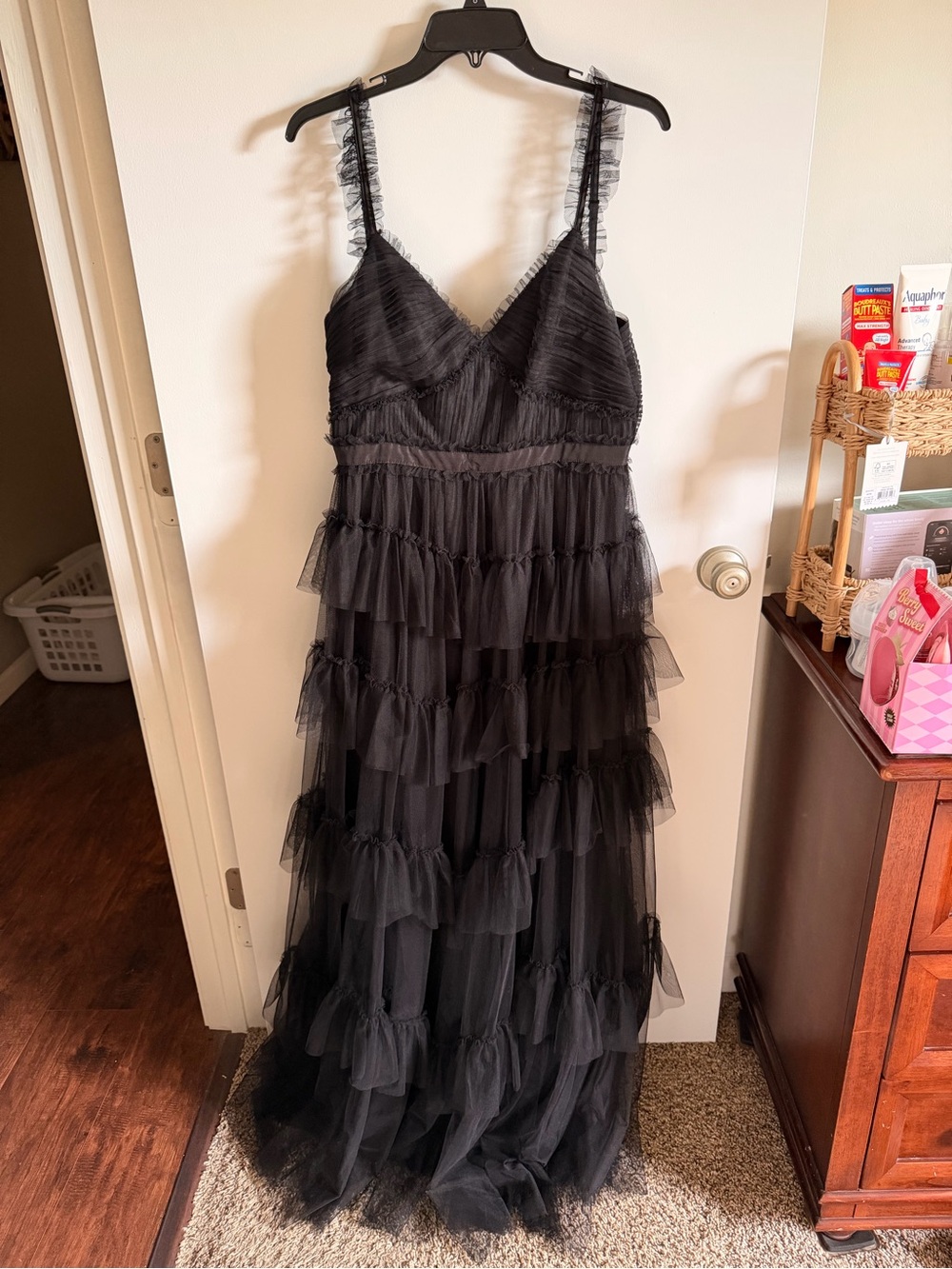 Betsy & Adam Black Tiered Tulle Maxi Dress with Ruffle Straps